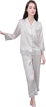 Womens Silk Pajamas Set Lace Trim Nightwear Long Sleeve Shirt and Long Pants Set Silk Loungewear