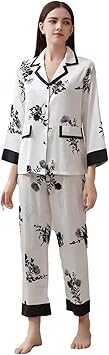 Womens Silk Floral Pajamas Set Long Sleeve Shirts and Long Pants Set Silk Sleepwear Lounge Set