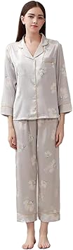 Womens Mulberry Silk Floral Pajamas Set 2 Pieces Sleep Wear Long Sleeve Shirts and Pants Set