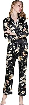 Womens 19Mm Mulberry Silk Floral Print Pajamas Set Long Sleeve Shirt and Long Pants 2 Piece Outfit