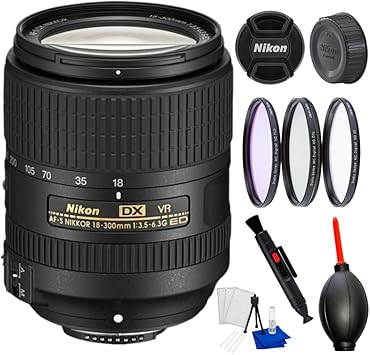 Nikon AF-S DX NIKKOR 18-300mm f/3.5-6.3G ED VR Lens Bundle for Nikon DSLR Cameras – All-in-One Zoom Lens with Manufacturer Accessories, 3pc Filter Kit, Lens Pen, Dust Blower, Cleaning Kit & More