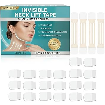 Neck Lift Tape, 28 PCS Invisible Neck Tape Lifting for Double Chin & Sagging Skin, Waterproof High Elastic Face Lift Straps for Women