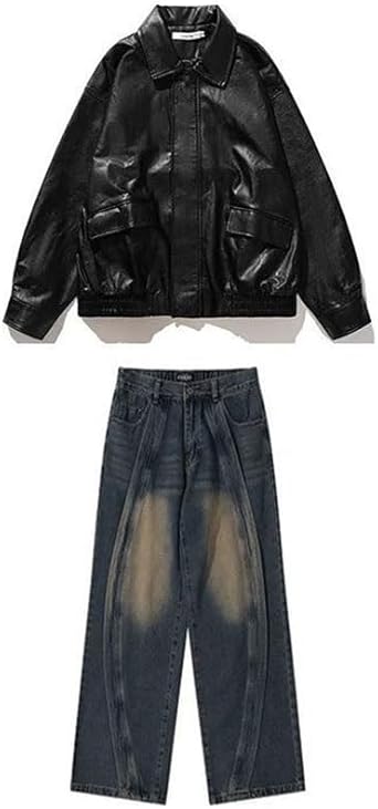 Men's Leather Jacket Coat Vintage Two-piece Fashion Versatile Long Sleeve Pants Suit
