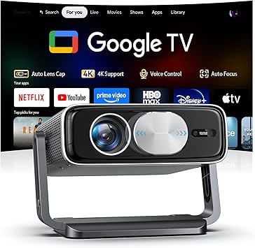 Smart Projector [Built in Google TV and 4K Support] with WiFi and Bluetooth, 2500ANSI, Auto Lens Cap, Portable Outdoor Movie Projector with Built-in Apps Auto Focus for Ceiling/Home Theater/Bedroom