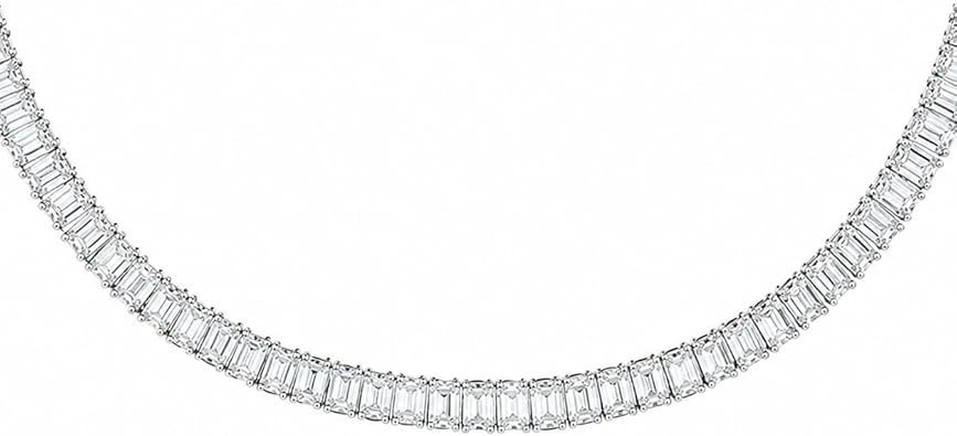 Emerald Cut 15 Ct EVS Lab Grown Diamond 4 Prong Graduated Tennis Necklace for Unisex Gift 14K White Gold 16" Inch