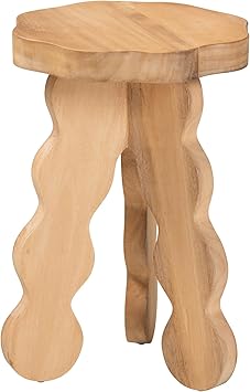 Bali & pari Sino Acacia Wood Multipurpose Accent Stool - Sculptural End Table with Wavy Tripod Base for Living Room, Bedroom or Dining Room