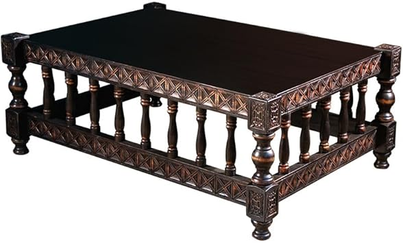 Hand Carved Solid Wood Coffee Table, Rustic Double Layer Center Table with Storage Shelf, Vintage Asian Style Living Room Accent Table