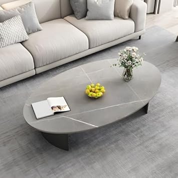 Modern Oval Stone Coffee Table with Double Pedestal Metal Base, Stylish Living Room Centerpiece, Durable, Versatile Design for Contemporary Home Decor