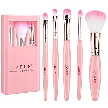 MEKK Makeup Brush Set 5pcs Makeup Kit, Mini Makeup Brushes Travel Set with Mirror Powder Eye shadows Brushes Blush Detail Brushes (Pink)