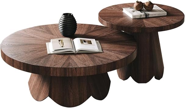 Modern Walnut Round Coffee Table Set Mid Century Nesting Coffee Tables Japandi Wood Center Table Duo for Living Room Lounge Apartmen