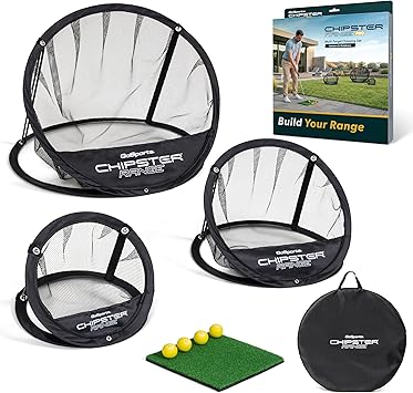 GoSports Chipster Range PRO Golf Chipping Nets - Portable Outdoor & Indoor Golf Practice Targets with Hitting Mat and 4 Foam Balls - Best Gifts for Golfers - Black