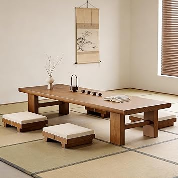 Japanese Coffee Table Multifunctional Rectangular Wooden Floor Table for Living Room Perfect for Tea and Meals 160x60x35cm (63x23.6x13.8in)
