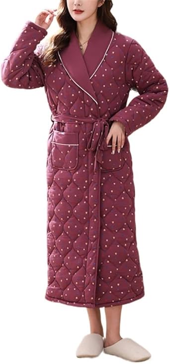 Bright Red Three-layer Thickened Winter Plaid Embroidered Long Bathrobe Women Pajamas