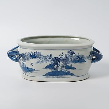 JINDEZHEN Vintage Blue and White Flower & Birds Porcelain Footbath Planter Chinoiserie Scenery Motif Ceramic Flower Pot (Blue-78)