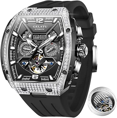 OLEVS GELATU Men Watch Automatic Tonneau Watch Skeleton Mechanical 50M Waterproof Square Male Watches White/Black/Rose Gold