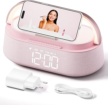 FREEFISH 6 in 1 Bluetooth Speaker with Wireless Charge, FM Radio, Night Light, Snooze, Phone Stand, Bedroom Portable Speaker 2500mAh Battery Dual Speakers for Bedside, Home, Office, Gift (Pink)