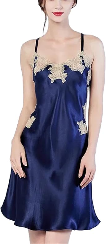 Women Mulberry Silk Sexy Lace Solid Color Sleepwear Lady Nightdress Pyjama