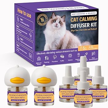 Cat Calming Pheromone Diffuser Kit – 2 Plug-Ins & 4 Refills (48ml), Cat Anxiety & Stress Relief, Multi Cat Calming Diffuser, Reduces Fighting, Spraying, Scratching & Aggression, Drug-Free for All Cats