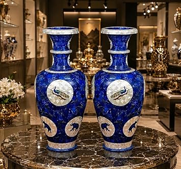 Handmade Indoor Planter I Blue Lazuli Stone Flower Vase with Overlay Work | Elegant Decorative Plant Pot I Office Table Decor 24 Inches Bouque Holder I New Year Gift