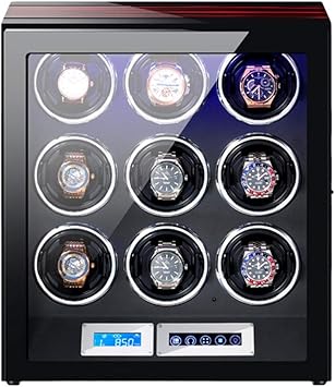 LCD Touch Screen Watch Winder with Remote Control, LED Light, Quiet Motor & Piano Finish - Ideal Gift for Watch Collectors, 9+0 Storage Capacity